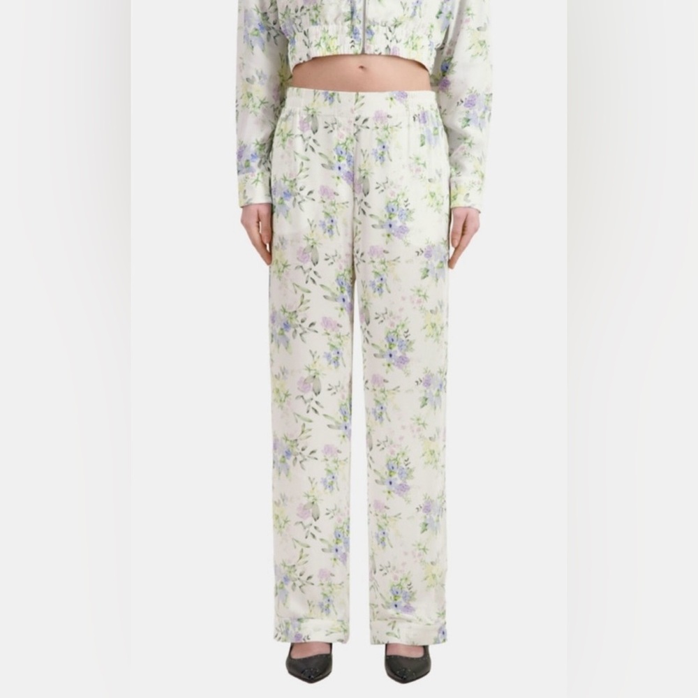 The Kooples Womens Light Blue/white Floral-print High-rise Woven Trousers